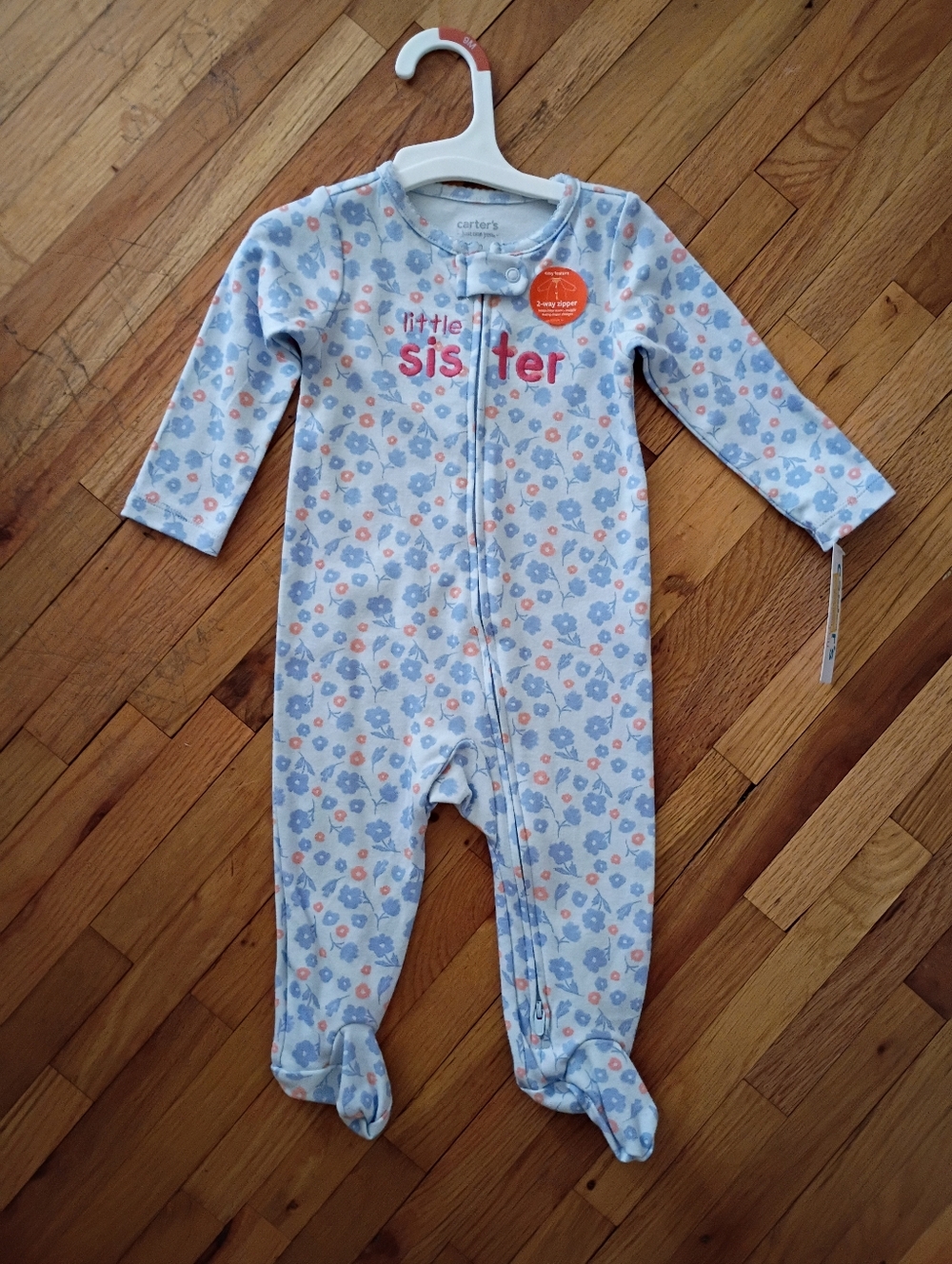 Carter's Light Blue Floral "Little Sister" Footed One-Piece